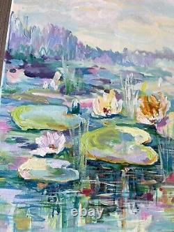Abstract Painting Original Water Lilies Lotus Reflection Pond 20x20 OOAK