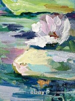 Abstract Painting Original Water Lilies Lotus Reflection Pond 20x20 OOAK