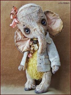 Alla Bears artist Old Vintage Elephant art doll sunny baby pink yellow rose