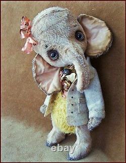 Alla Bears artist Old Vintage Elephant art doll sunny baby pink yellow rose