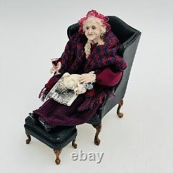 Artisan Miniature Dollhouse Sculpted Grandma Doll With Cat & Wine Bespaq RARE