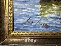 Artist De Luca, Oil on Canvas, Framed, 39 x 27, Four Boats on Bay, OOAK