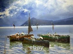 Artist De Luca, Oil on Canvas, Framed, 39 x 27, Four Boats on Bay, OOAK