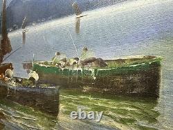 Artist De Luca, Oil on Canvas, Framed, 39 x 27, Four Boats on Bay, OOAK