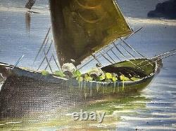 Artist De Luca, Oil on Canvas, Framed, 39 x 27, Four Boats on Bay, OOAK