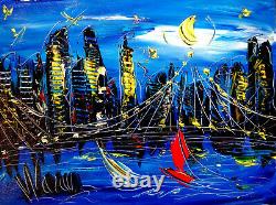 BLUE CITY Painting Original Oil Canvas Gallery Artist SIGNED 9J0BHUOU