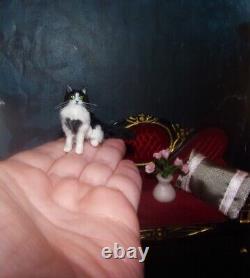 Black white Cat Realistic miniature handmade OOAK 112 dollhouse handsculpted