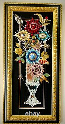 Bouquet Of Flowers, Framed Jewelry One Of A Kind Art, Unique Gift, Vintage Decor