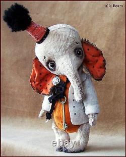 By Alla Bears artist Old Antique Vintage Elephant art doll Halloween toy decor