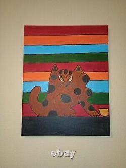 Cat And A Bowl Acrylic Painting On Canvas 11x14 By Original Artist OOAK