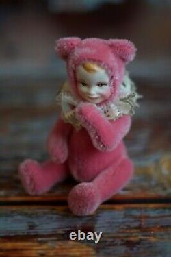 Collectible Artist Handmade Teddy Doll Bear Valentine created with pink mohair