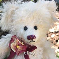 Cream OOAK Artist Made Girl Teddy Bear Mohair With Flower Bow Signed MJS 1999