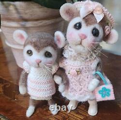Cute! Needle Felted Mom and baby Mouse Mice Dolls OOAK 6 inches tall