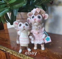 Cute! Needle Felted Mom and baby Mouse Mice Dolls OOAK 6 inches tall