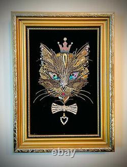 Gold Cat, Framed Jewelry One Of A Kind Art, Unique Gift, Vintage Home Decor