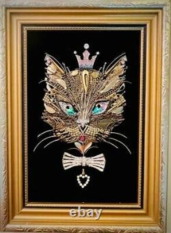 Gold Cat, Framed Jewelry One Of A Kind Art, Unique Gift, Vintage Home Decor