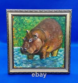 Hippopotamus Original Acrylic Painting African Animals Handmade Wall Art ooak