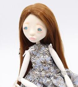 Jenny OOAK Hand Sculpted Paper Clay Art Doll in Blue Grey Dress & Blue Eyes