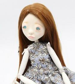 Jenny OOAK Hand Sculpted Paper Clay Artist Art Doll Blue Eyes Grey Blue Dress