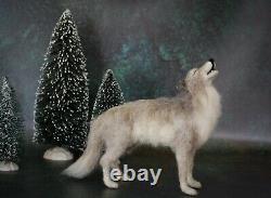 Needle Felted Howling Gray Wolf Woodland Forest Animal Wool Art Sculpture Decor