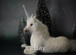 Needle Felted Laying White Unicorn Horse Fantasy Mythical Wool Art Sculpture