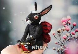 Needle felted, rabbit ooak toy, collectible handmade art toy, black rabbit