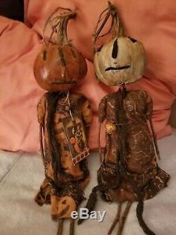 OOAK Artist Made Primitive CLOTH RAG DOLLS pair handmade primitive pumpkin