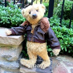 OOAK Artist Teddy Bear SHARON BARRON Charles vintage 16 mohair Aviator jacket