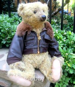 OOAK Artist Teddy Bear SHARON BARRON Charles vintage 16 mohair Aviator jacket