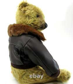 OOAK Artist Teddy Bear SHARON BARRON Charles vintage 16 mohair Aviator jacket