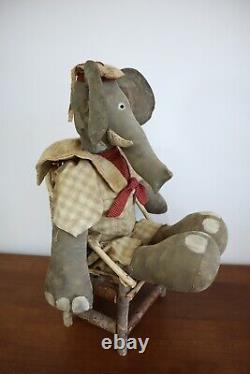 OOAK Folk Art Primitive ELEPHANT Doll 21 Cloth Stuffed Elephant SIGNED 2006 p
