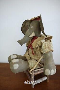OOAK Folk Art Primitive ELEPHANT Doll 21 Cloth Stuffed Elephant SIGNED 2006 p