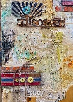 OOAK Handmade Assemblage Art Canvas Signed by Artist Discover
