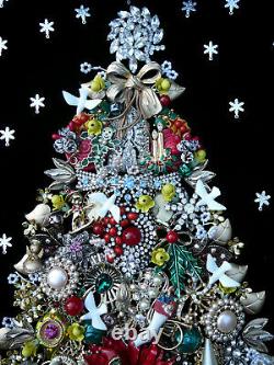 OOAK Vtg Rhinestone Jewelry Xmas Tree Art Framed 21x17 Folk Art Handmade