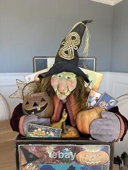 OOAK Witch in a Box Halloween Decoration Handmade Artist Signed 22 x 12