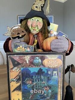 OOAK Witch in a Box Halloween Decoration Handmade Artist Signed 22 x 12