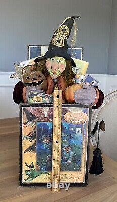 OOAK Witch in a Box Halloween Decoration Handmade Artist Signed 22 x 12