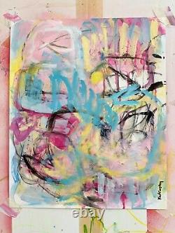 OOAK painting artwork Contemporary Abstract Pinks Blues Yellow Vivid Color byKat
