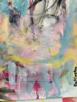 OOAK painting artwork Contemporary Abstract Pinks Blues Yellow Vivid Color byKat