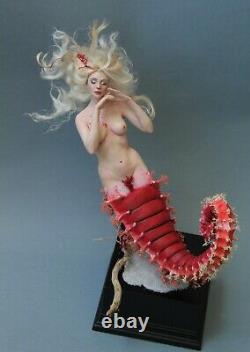 Ooak, doll, sculpture, handmade, seahorse, mermaid, fantasy, art, polymer red