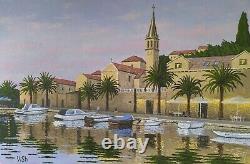 Original oil painting, Croatia seascape harbour, Ukrainian artist 15.8x23.6