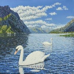 Original oil painting, swans on the lake, Ukrainian artist 27.5x27.5