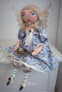 Primitive Folk Art Blue Bird Angel Doll OOAK Handmade in America