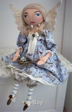 Primitive Folk Art Blue Bird Angel Doll OOAK Handmade in America