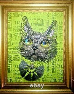 Silver Cat Portrait, Framed Jewelry One Of A Kind Art, Unique Gift, Home Decor