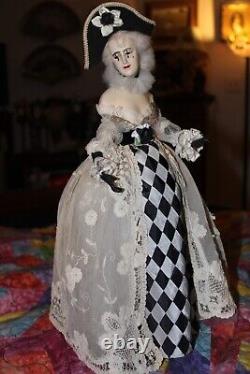 Sweet Vintage OOAK Pierrette Doll Dressed in Harlequin Costume, Antique Lace
