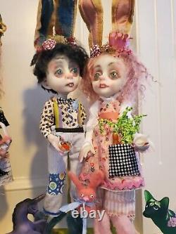 TWO LuLu Lancaster ooak one of a kind handmade art dolls boy and girl bunnies
