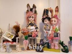 TWO LuLu Lancaster ooak one of a kind handmade art dolls boy and girl bunnies