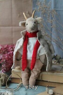 Teddy Handmade Interior Toy Collectable Gift Animal Doll OOAK Goat in Coat Decor
