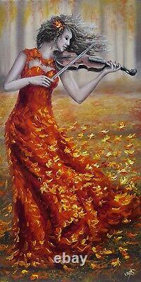 Ukrainian Artist Original Oil Painting on Canvas Woman Violinist Autumn Portrait